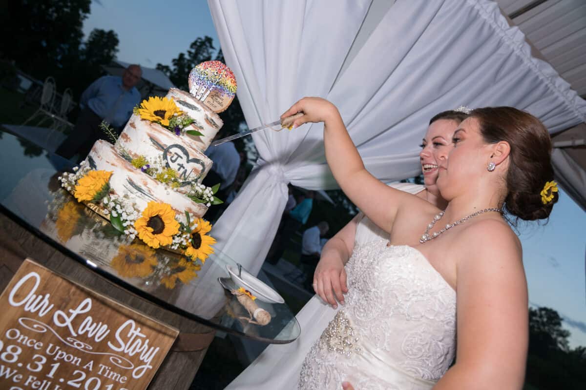 Bride cuts her Wedding Cake at Hudson Valley same sex wedding At Lippincott Manor in Walkill New York