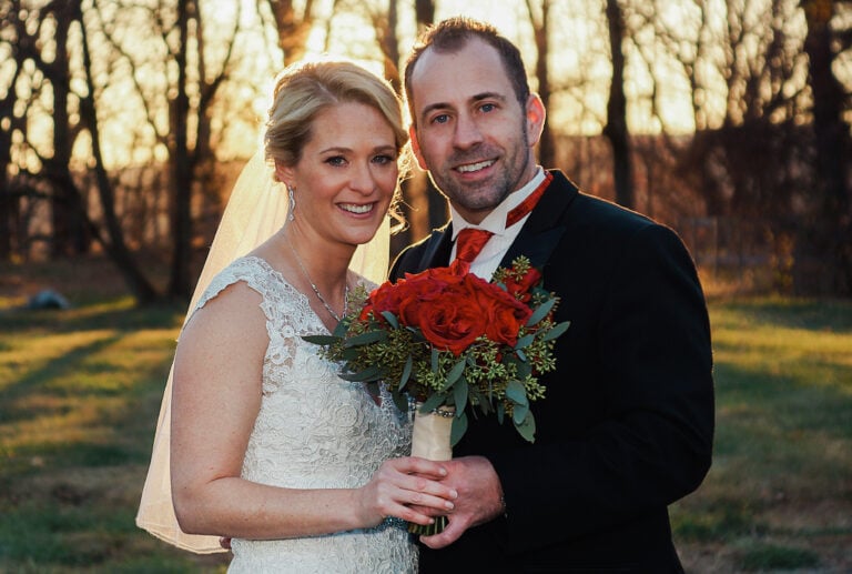 Bride and Groom pose with bouquet before a Hudson Valley Wedding at Locust Grove