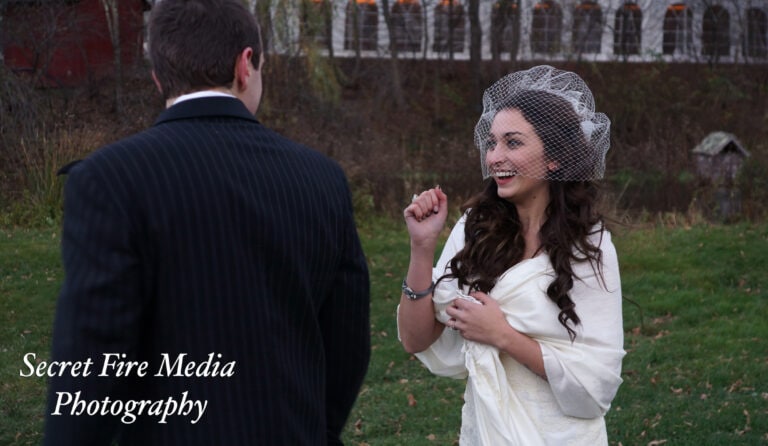 Bride and Groom at first look at a Hudson Valley Halloween wedding at Full Moon Resort