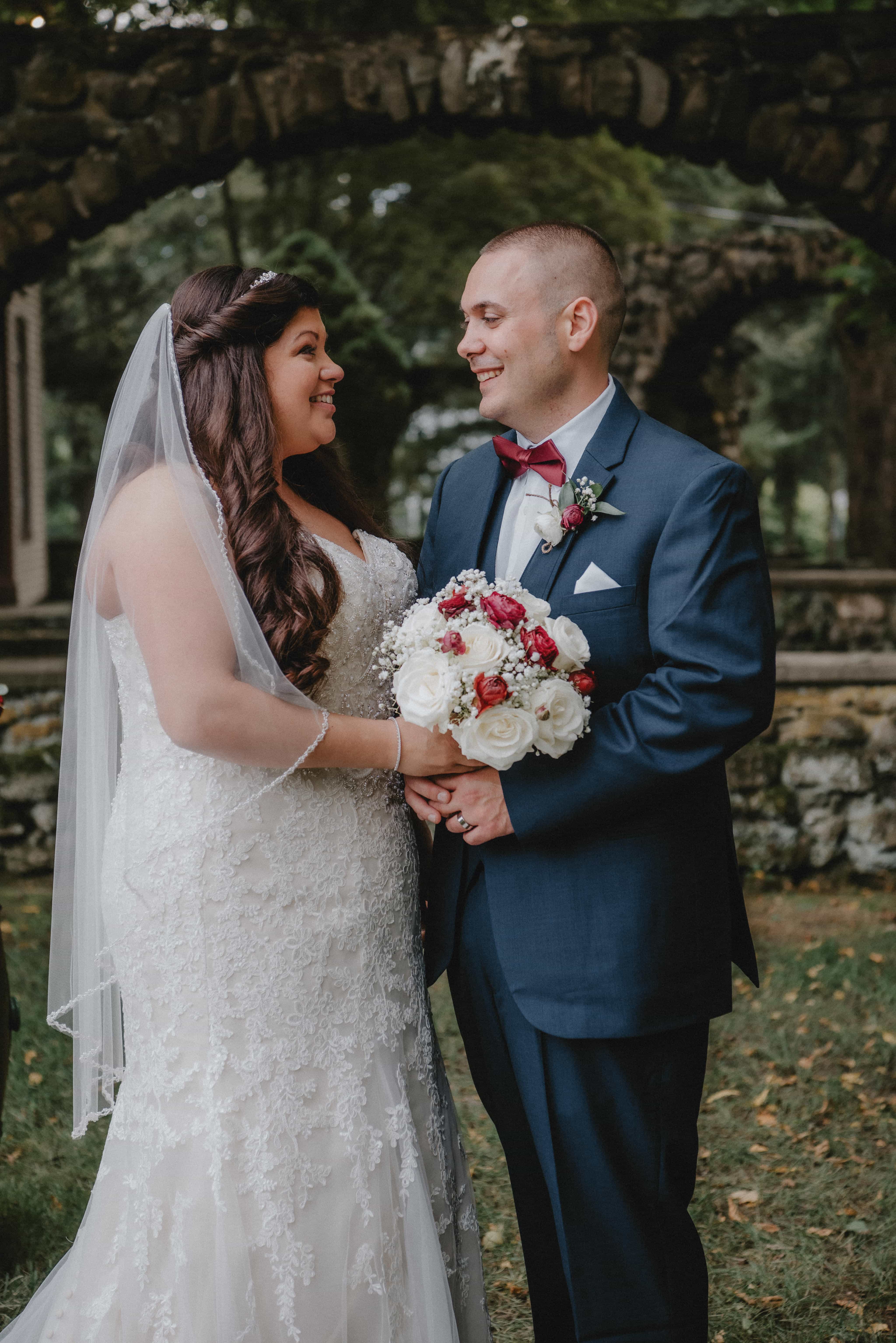 Bride and Groom look into each others eyes at a Hudson Valley Wedding at Brotherhood Winery
