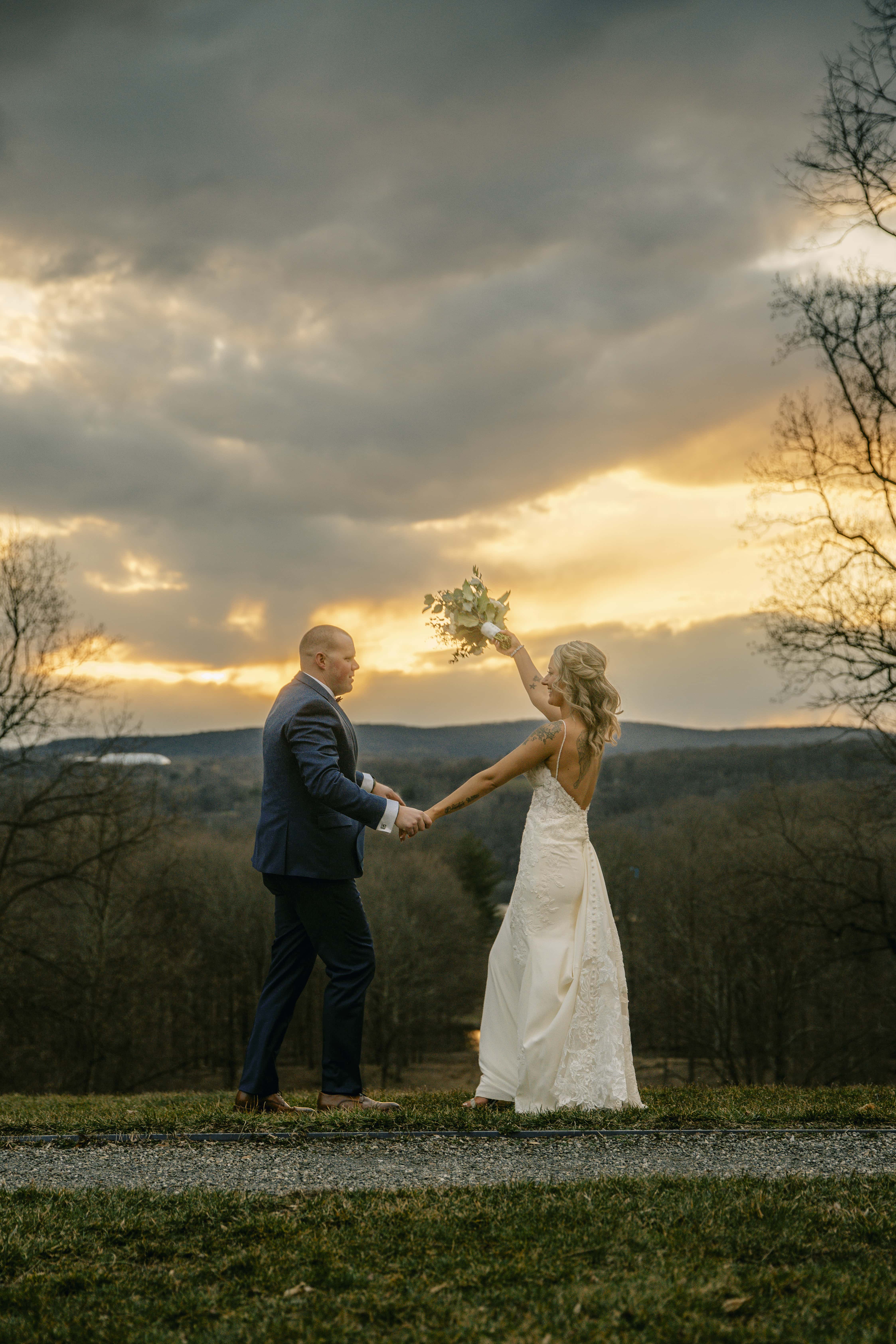 Bride and Groom Dancing for a Sunset Photo at a Hudson Valley Wedding at Locust Grove Estate