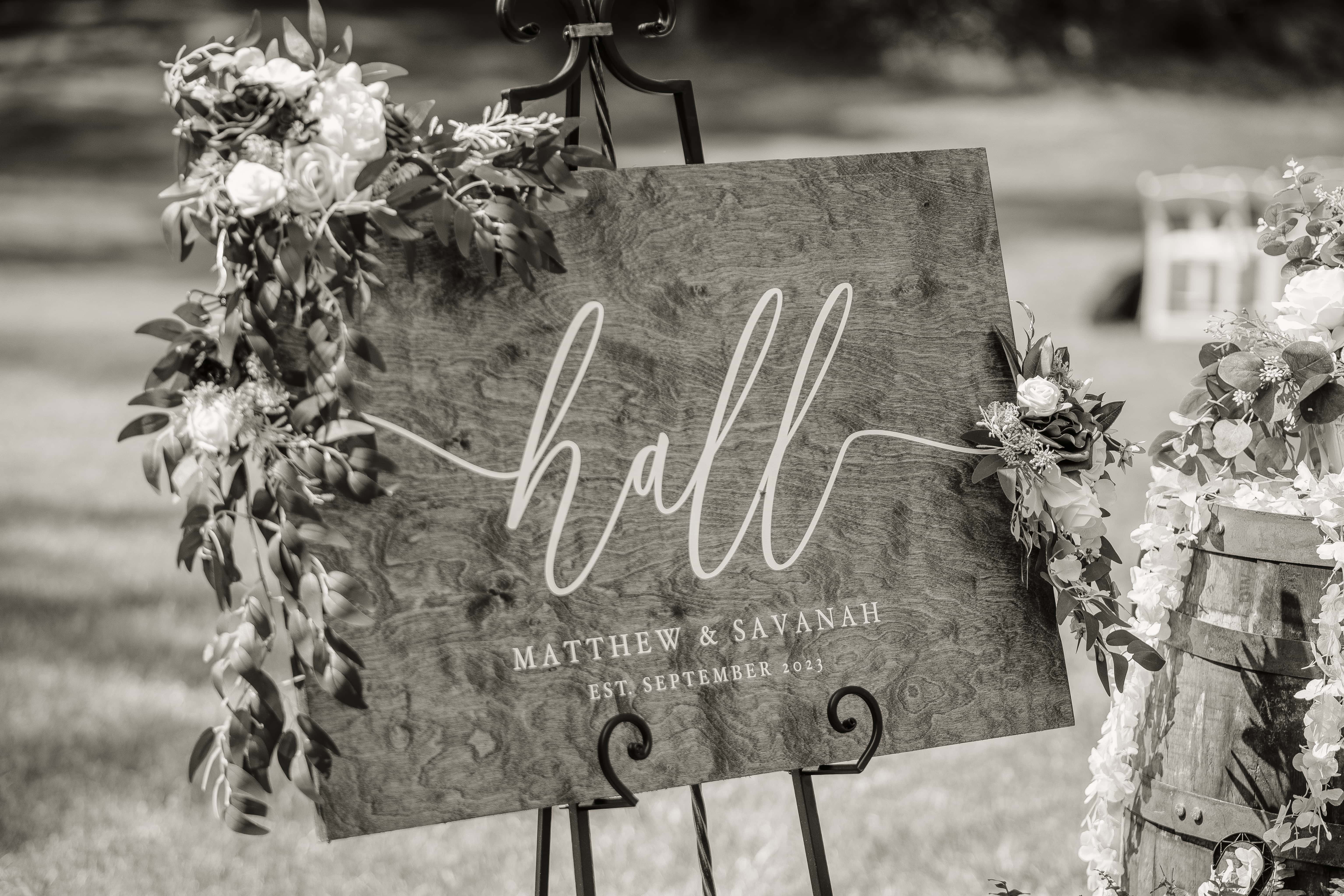 Black and White photo of welcome sign at an Upstate New York Wedding in the Hudson Valley