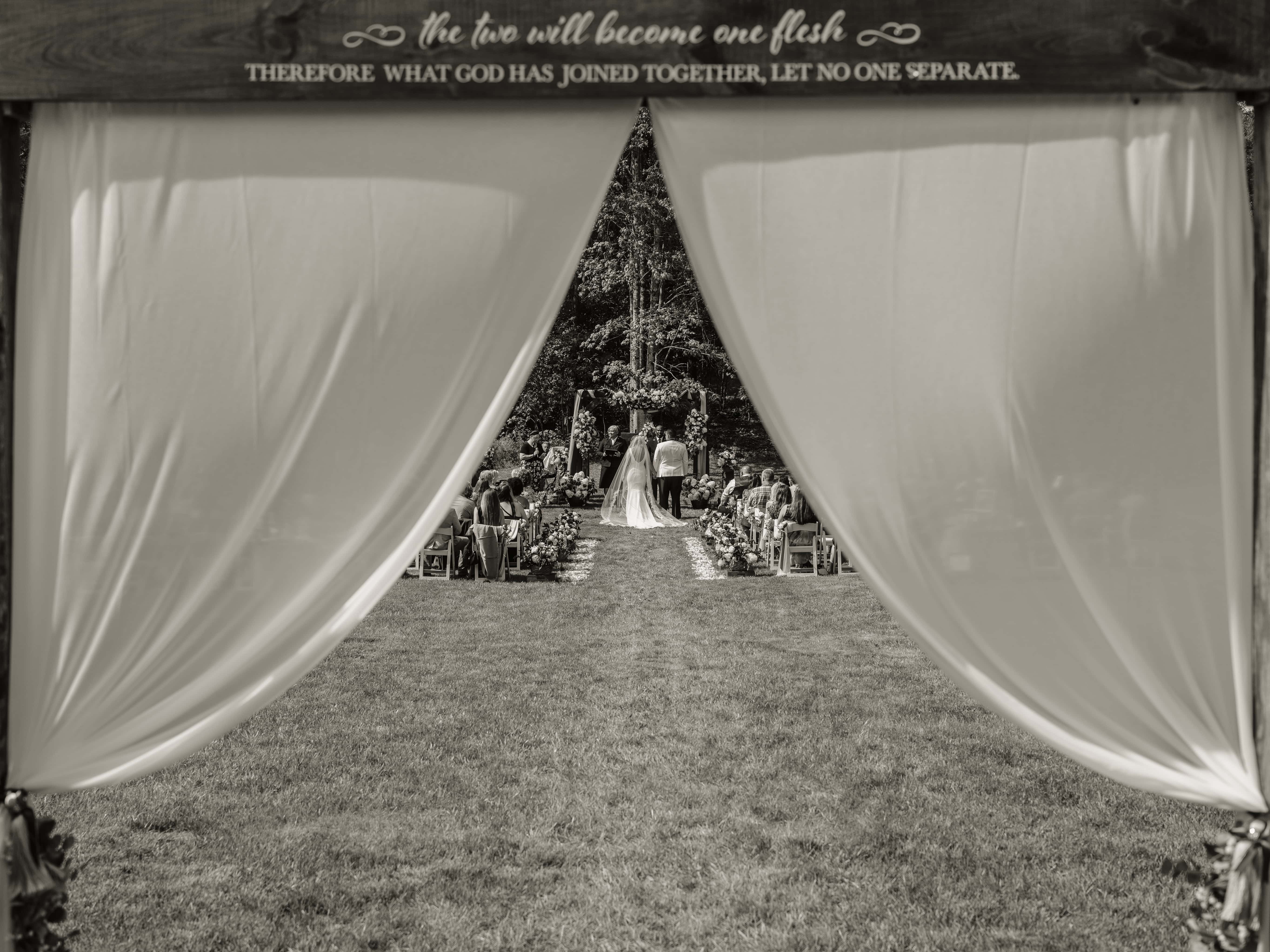 Black and White Photo of Ceremony through Veil at an Upstate New York Wedding in the Hudson Valley