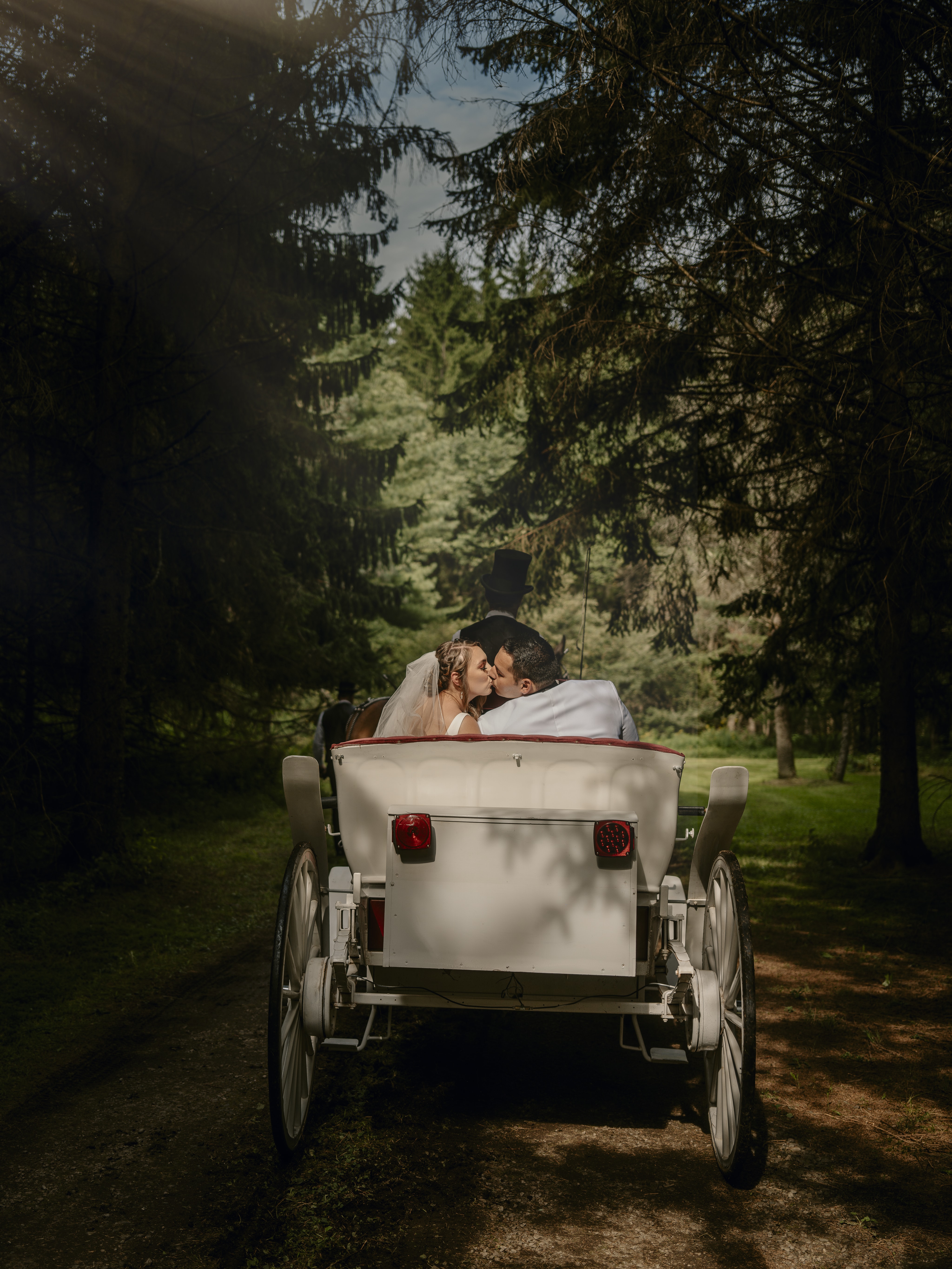 Bride and Groom kiss in horse drawn carriage at an Upstate New York Wedding in the Hudson Valley