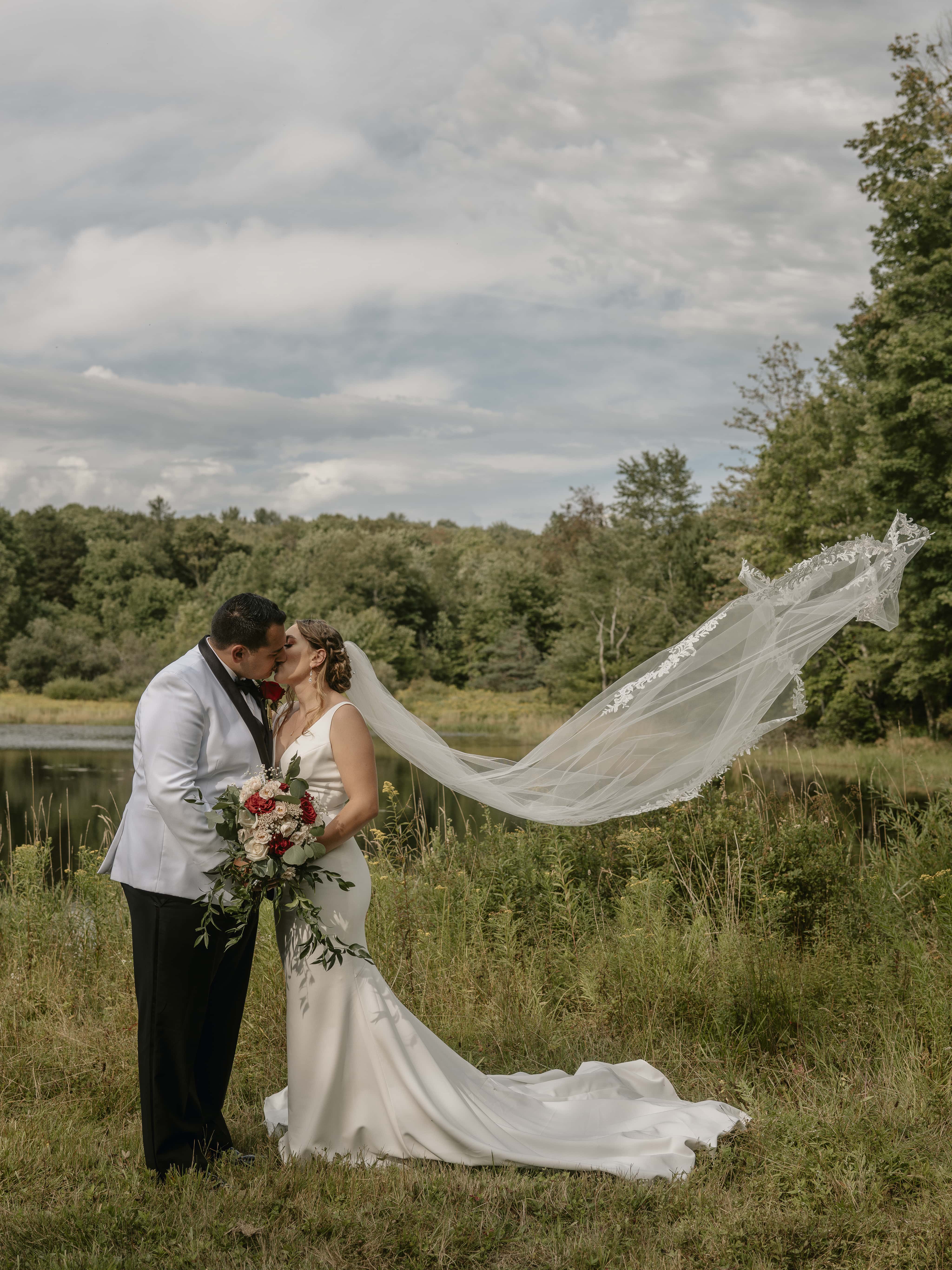 Bride and Groom & Veil at an Upstate New York Wedding in the Hudson Valley