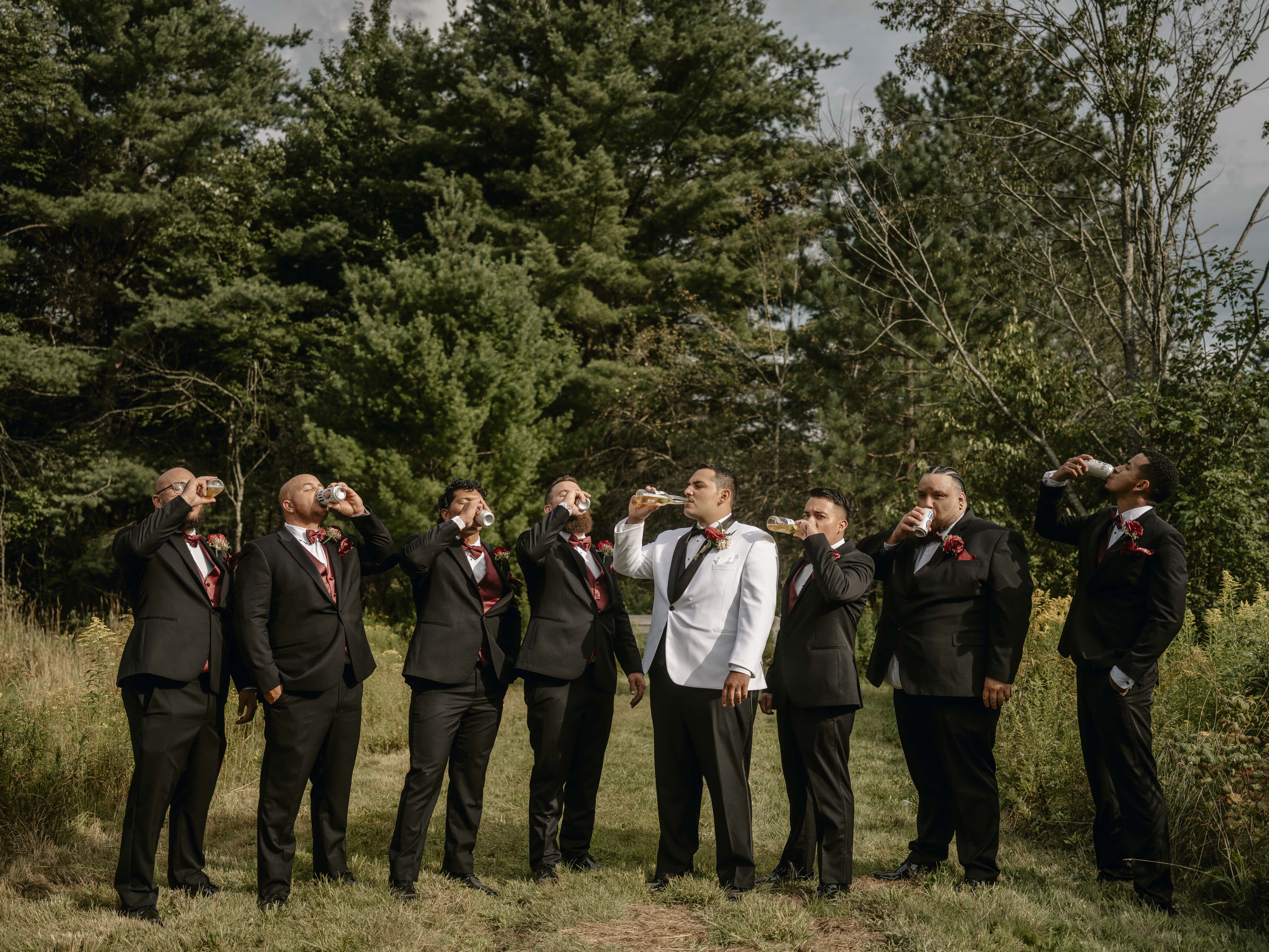 Groom and groomsmen toast at an Upstate New York Wedding in the Hudson Valley