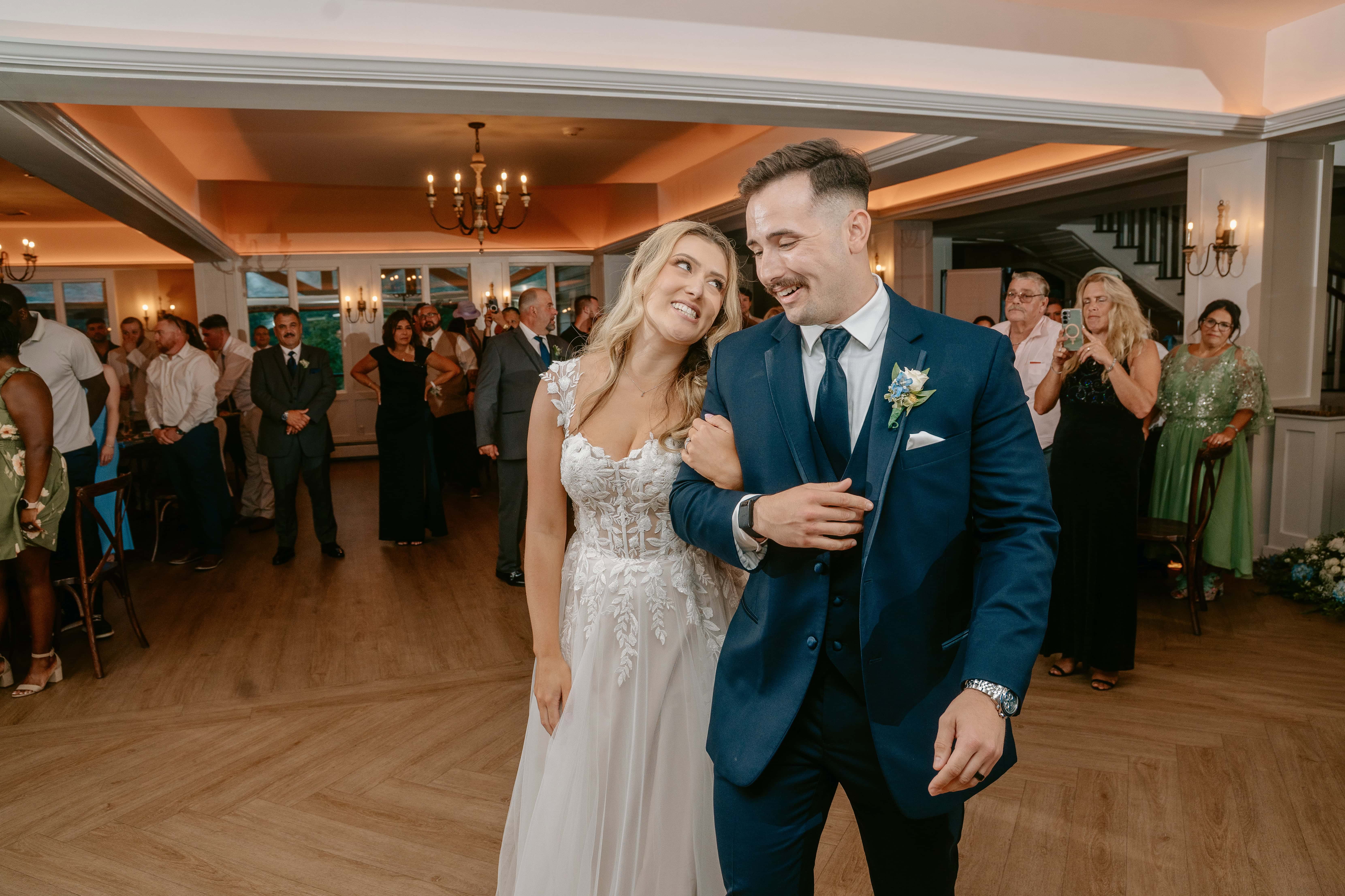 Bride smiles with groom during first dance for a New Jersey Wedding Photo at Rock island Lake Club