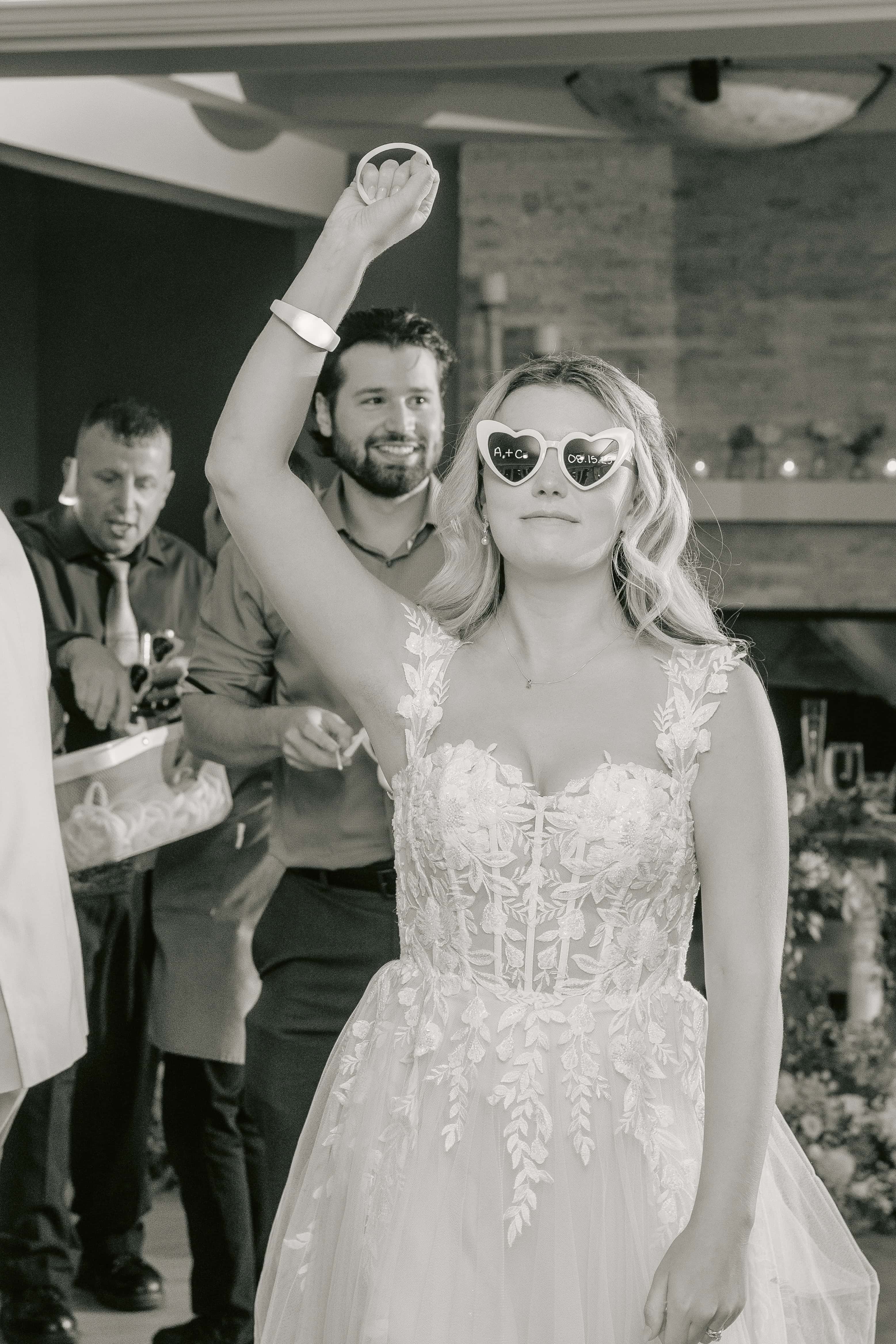 Black and White photo of bride in sunglasses for a New Jersey Wedding Photo at Rock island Lake Club