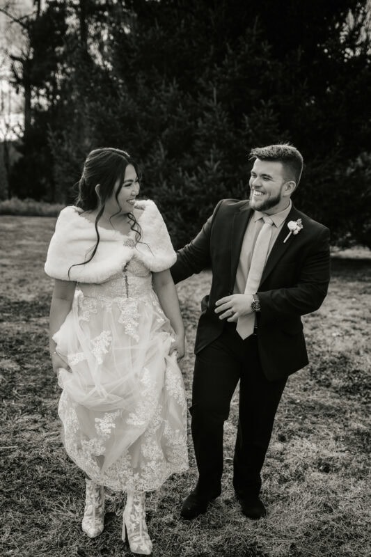 Black and White Photo of couple smiling for a Peter Pratts Inn Wedding Video in the Hudson Valley